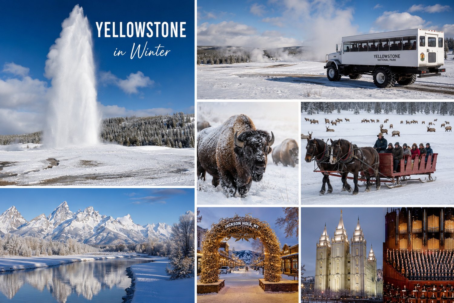 Yellowstone in winter: Old Faithful, snowcoach, bison, sleigh ride at the Elk Refuge, Jackson Hole, and Salt Lake City